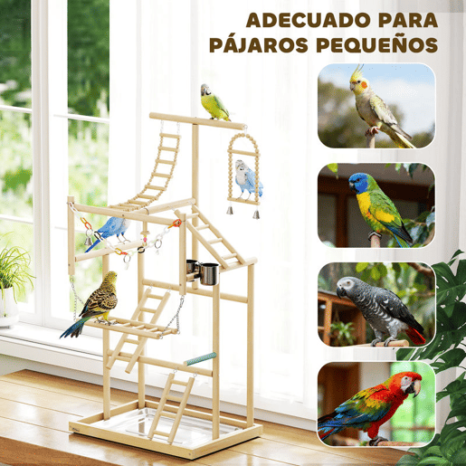 PawHut Parque de Jogos para Pássaros Suporte de Madeira para Pássaros com Escadas Baloiço Brinquedo de Corrente Bandeja Comedouros para Periquitos Cacatuas Caturras Agapornis 48x38x95 cm Madeira