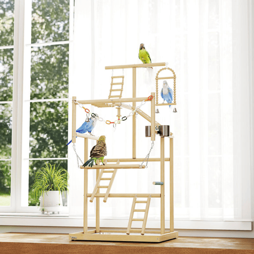 PawHut Parque de Jogos para Pássaros Suporte de Madeira para Pássaros com Escadas Baloiço Brinquedo de Corrente Bandeja Comedouros para Periquitos Cacatuas Caturras Agapornis 48x38x95 cm Madeira