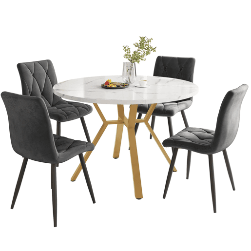 Conjunto de mesa e cadeiras de 5 peças - Mesa redonda de mármore, pernas metálicas douradas + 4 cadeiras ergonómicas de veludo cinza