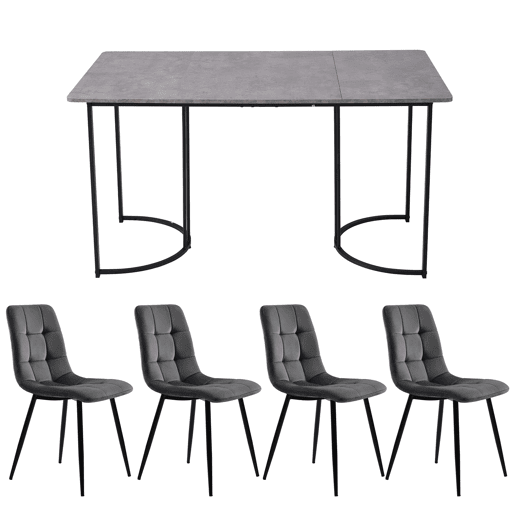 Conjunto de sala de jantar de 5 peças 140×80 cm - Mesa de cozinha com pernas metálicas pretas e cadeiras de veludo cinza Conjunto de sala de jantar de 5 peças 140×80 cm - Mesa de cozinha com pernas metálicas pretas e cadeiras de veludo cinza