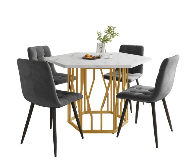 Conjunto mesa y sillas 5 piezas - mesa de mármol hexagonal + 4 sillas de terciopelo gris - dorado