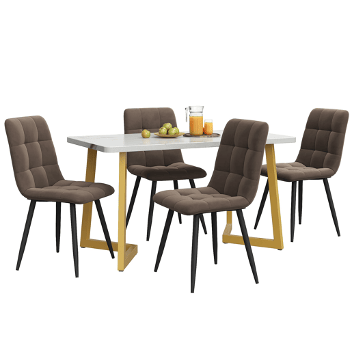 Conjunto de sala de jantar 117x68cm - Mesa retangular moderna com 4 cadeiras, Cadeiras de veludo castanho, Pernas douradas