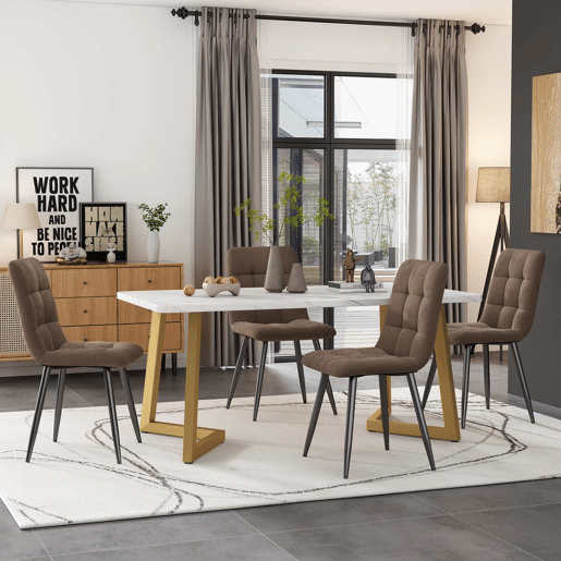 Conjunto de sala de jantar 117x68cm - Mesa retangular moderna com 4 cadeiras, Cadeiras de veludo castanho, Pernas douradas