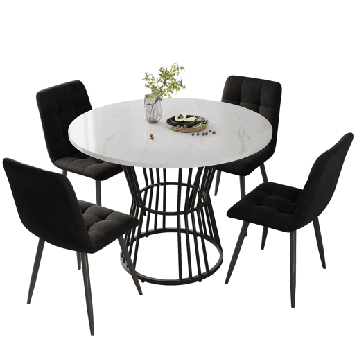 Conjunto de sala de jantar de 5 peças - Mesa redonda de 100 cm - Estrutura metálica preta - Cadeiras de veludo preto