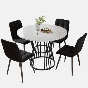 Conjunto de sala de jantar de 5 peças - Mesa redonda de 100 cm - Estrutura metálica preta - Cadeiras de veludo preto