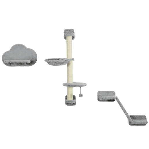 PawHut Conjunto de Prateleiras de Escalada para Gatos de 3 Peças Prateleiras de Parede para Gatos com Rede Rampa Arranhador Plataforma em Forma de Nuvem para Saltar Cinzento