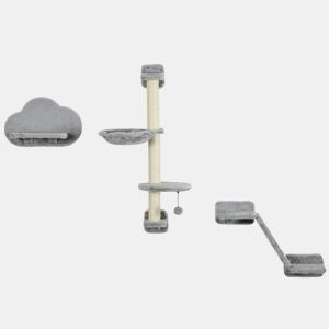 PawHut Conjunto de Prateleiras de Escalada para Gatos de 3 Peças Prateleiras de Parede para Gatos com Rede Rampa Arranhador Plataforma em Forma de Nuvem para Saltar Cinzento