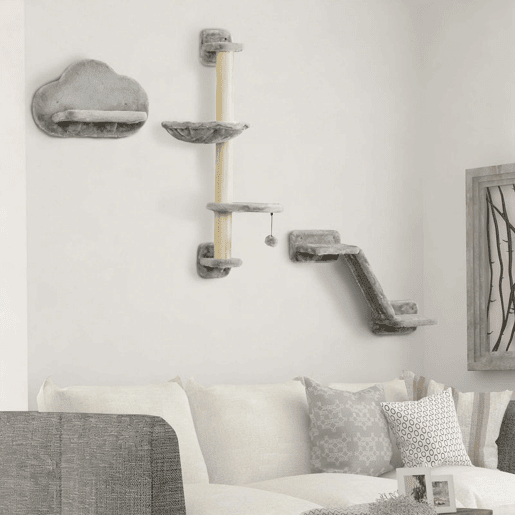PawHut Conjunto de Prateleiras de Escalada para Gatos de 3 Peças Prateleiras de Parede para Gatos com Rede Rampa Arranhador Plataforma em Forma de Nuvem para Saltar Cinzento