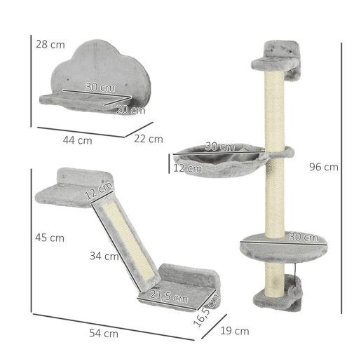 PawHut Conjunto de Prateleiras de Escalada para Gatos de 3 Peças Prateleiras de Parede para Gatos com Rede Rampa Arranhador Plataforma em Forma de Nuvem para Saltar Cinzento