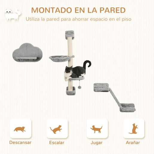 PawHut Conjunto de Prateleiras de Escalada para Gatos de 3 Peças Prateleiras de Parede para Gatos com Rede Rampa Arranhador Plataforma em Forma de Nuvem para Saltar Cinzento