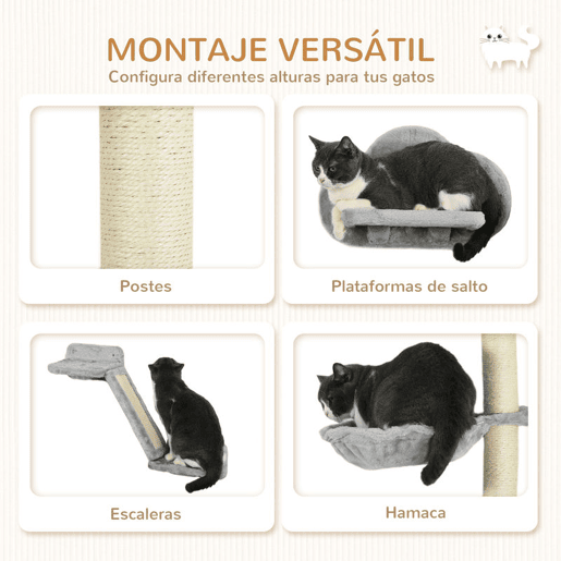PawHut Conjunto de Prateleiras de Escalada para Gatos de 3 Peças Prateleiras de Parede para Gatos com Rede Rampa Arranhador Plataforma em Forma de Nuvem para Saltar Cinzento