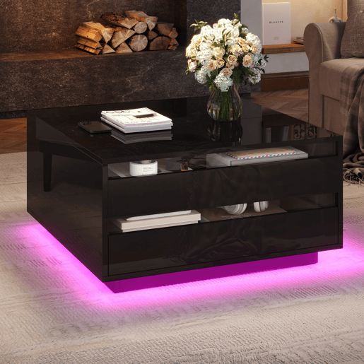 Mesa de centro elevável 707038 cm - Com LED, 1 gaveta, arrumação oculta, preta