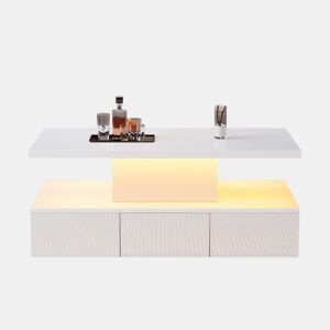 Mesa de centro com 2 níveis - Com luz LED de 16 cores - Sofá com prateleira aberta e 1 gaveta deslizante - Branco
