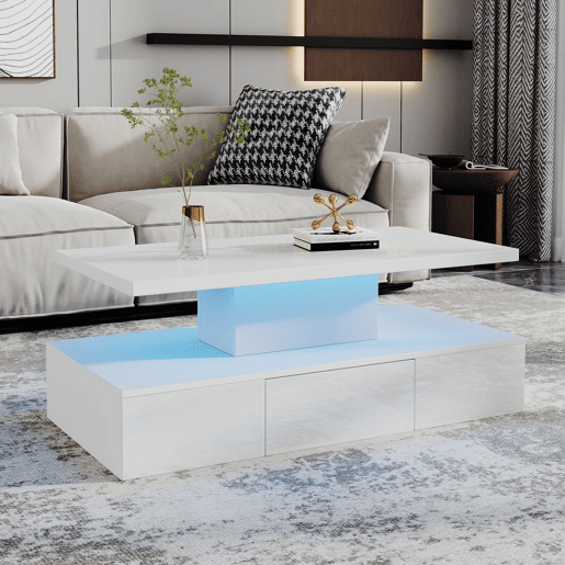 Mesa de centro com 2 níveis - Com luz LED de 16 cores - Sofá com prateleira aberta e 1 gaveta deslizante - Branco