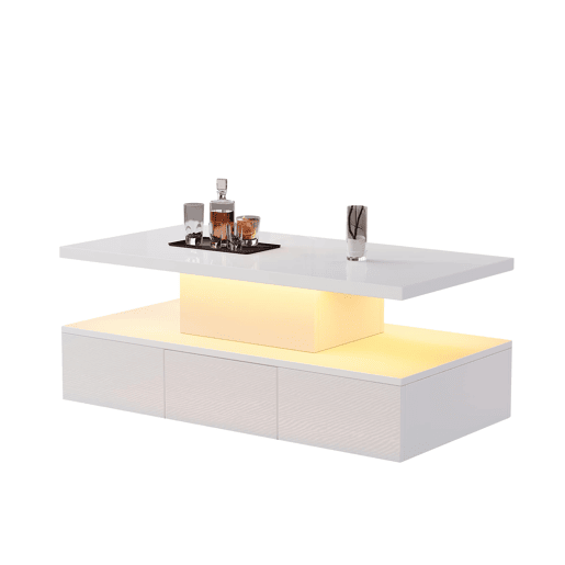 Mesa de centro com 2 níveis - Com luz LED de 16 cores - Sofá com prateleira aberta e 1 gaveta deslizante - Branco