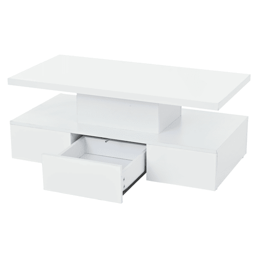 Mesa de centro com 2 níveis - Com luz LED de 16 cores - Sofá com prateleira aberta e 1 gaveta deslizante - Branco