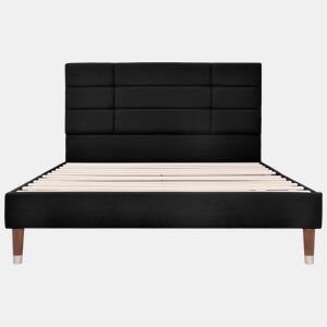 Cama estofada 140x200 cm - Com estrado e cabeceira, em linho preto, para adultos e jovens (com colchão)