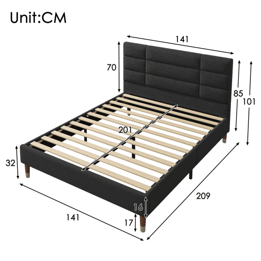 Cama estofada 140x200 cm - Com estrado e cabeceira, em linho preto, para adultos e jovens (com colchão)