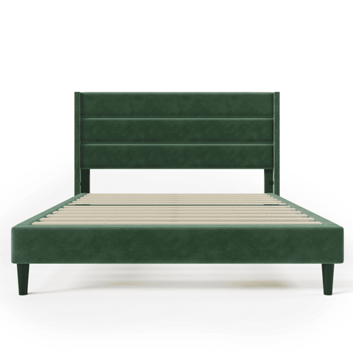 Cama estofada 140x200 cm - Com estrado e cabeceira, cama de casal acolchoada, veludo verde escuro