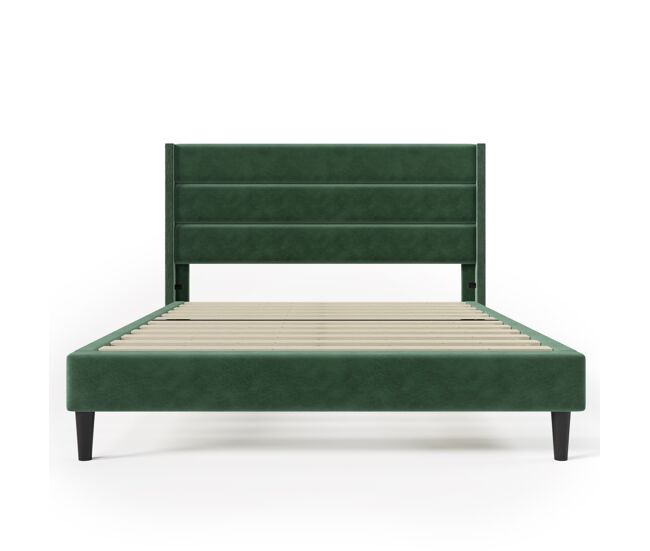 Cama tapizada 140x200 cm - con somier y cabecero, cama doble acolchonada, terciopelo verde oscuro