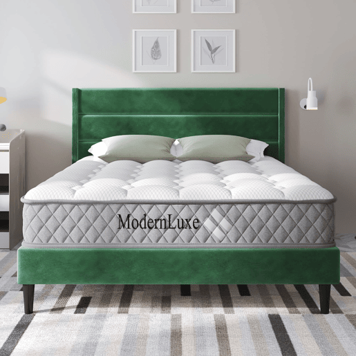 Cama estofada 140x200 cm - Com estrado e cabeceira, cama de casal acolchoada, veludo verde escuro
