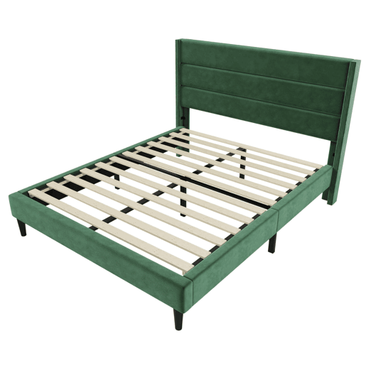 Cama estofada 140x200 cm - Com estrado e cabeceira, cama de casal acolchoada, veludo verde escuro