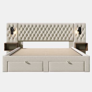 Conjunto completo para quarto 180x200 cm - Cama estofada com 2 mesas de cabeceira, 4 gavetas, luz USB - Bege