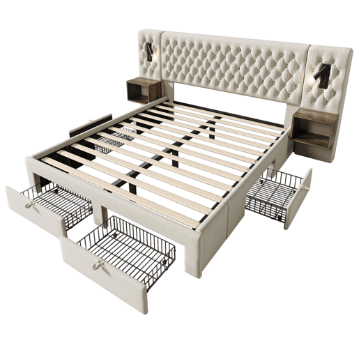 Conjunto completo para quarto 180x200 cm - Cama estofada com 2 mesas de cabeceira, 4 gavetas, luz USB - Bege