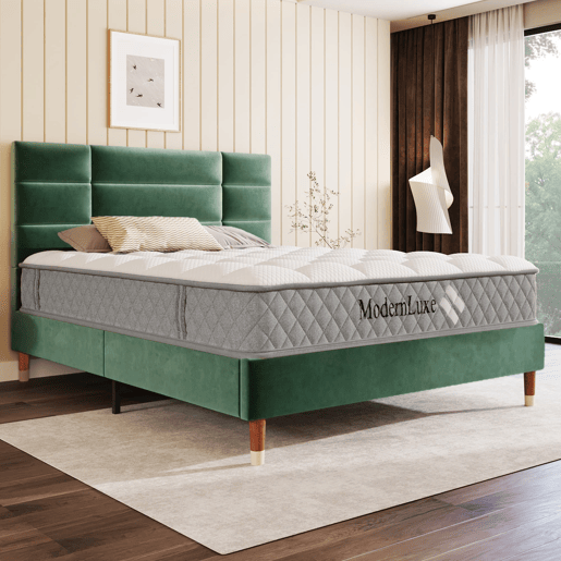 Cama estofada 140x200 cm - Com estrado e cabeceira - Tecido veludo verde escuro
