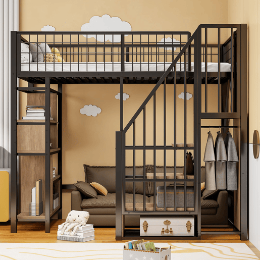 Cama alta multifuncional 90x200 cm - Com arrumação, prateleiras e escada - Preto