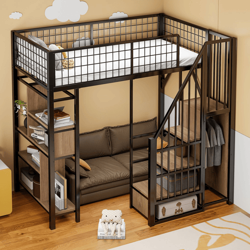Cama alta multifuncional 90x200 cm - Com arrumação, prateleiras e escada - Preto