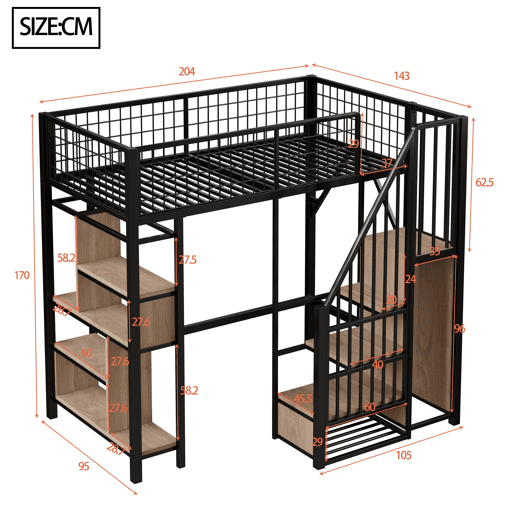 Cama alta multifuncional 90x200 cm - Com arrumação, prateleiras e escada - Preto