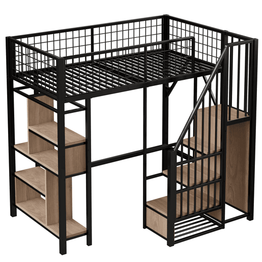 Cama alta multifuncional 90x200 cm - Com arrumação, prateleiras e escada - Preto