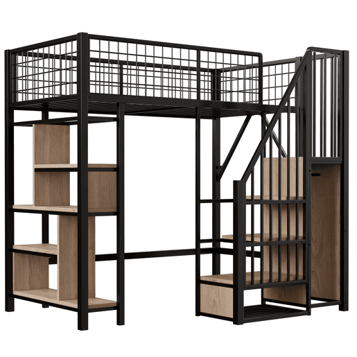 Cama alta multifuncional 90x200 cm - Com arrumação, prateleiras e escada - Preto