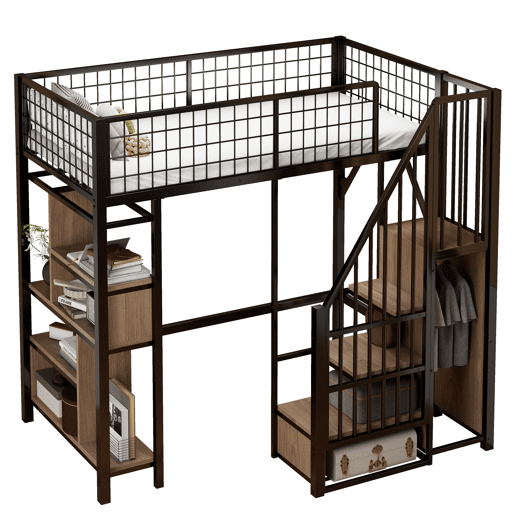 Cama alta multifuncional 90x200 cm - Com arrumação, prateleiras e escada - Preto