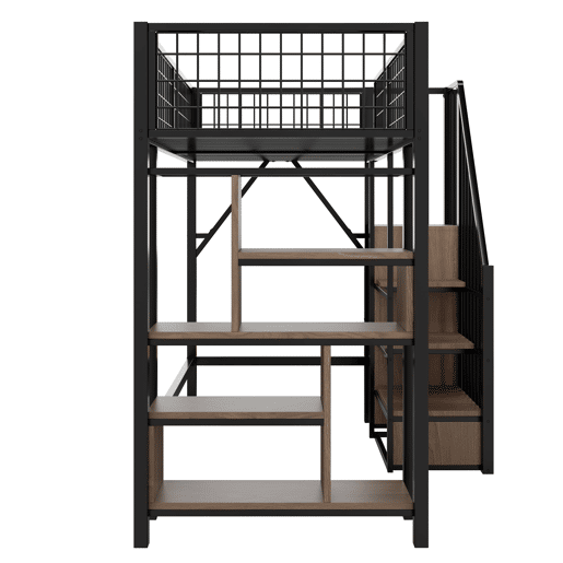 Cama alta multifuncional 90x200 cm - Com arrumação, prateleiras e escada - Preto