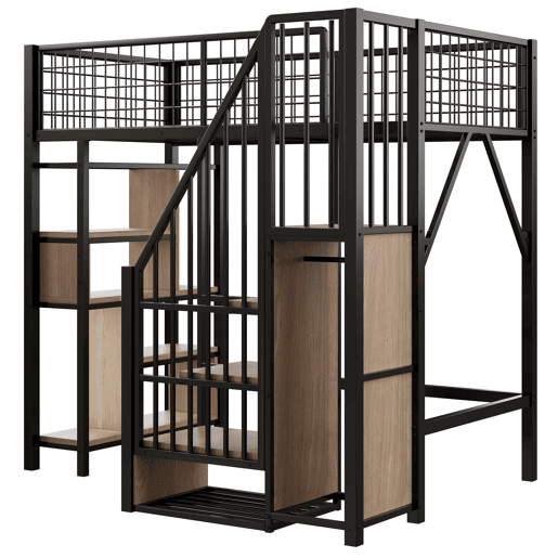 Cama alta multifuncional 90x200 cm - Com arrumação, prateleiras e escada - Preto