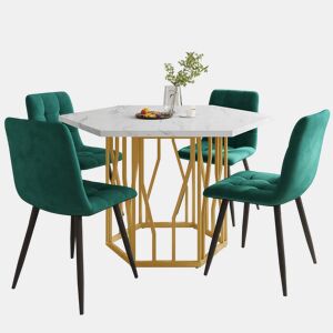 Conjunto de mesa e cadeiras 5 peças - Mesa hexagonal de mármore + 4 cadeiras de veludo verde - Dourado