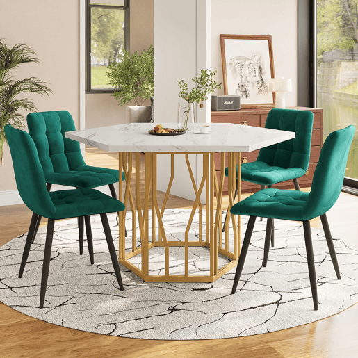 Conjunto de mesa e cadeiras 5 peças - Mesa hexagonal de mármore + 4 cadeiras de veludo verde - Dourado