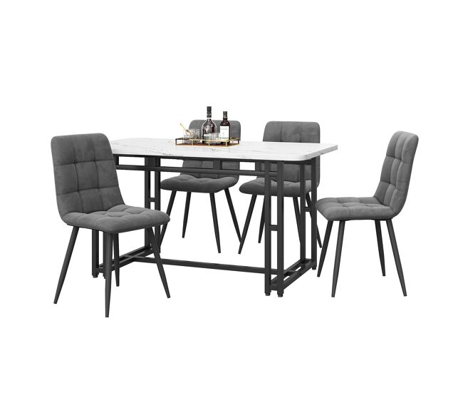 Conjunto comedor 120x70cm - mesa moderna con 4 sillas, terciopelo gris, patas de hierro negro