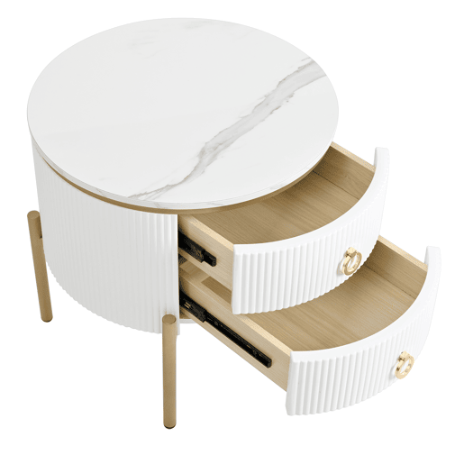 Mesa auxiliar - com gavetas, superfície especial, estrutura em mármore, pernas e puxadores dourados, ajustável - Branco