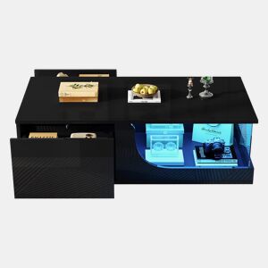 Mesa de centro 100 x 50 x 30 cm - Sofá com 2 gavetas, mesa de sala com LED e vidro temperado - Preto