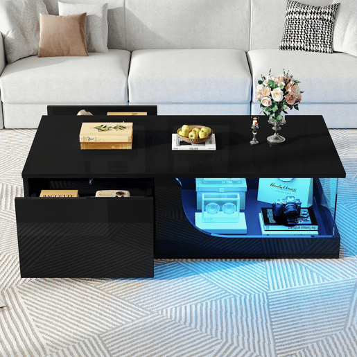 Mesa de centro 100 x 50 x 30 cm - Sofá com 2 gavetas, mesa de sala com LED e vidro temperado - Preto