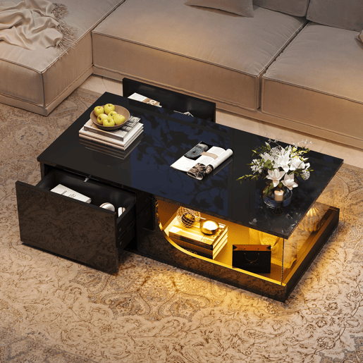 Mesa de centro 100 x 50 x 30 cm - Sofá com 2 gavetas, mesa de sala com LED e vidro temperado - Preto