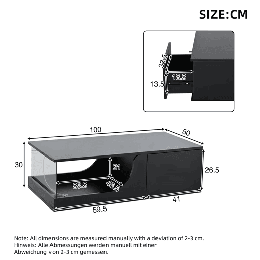 Mesa de centro 100 x 50 x 30 cm - Sofá com 2 gavetas, mesa de sala com LED e vidro temperado - Preto