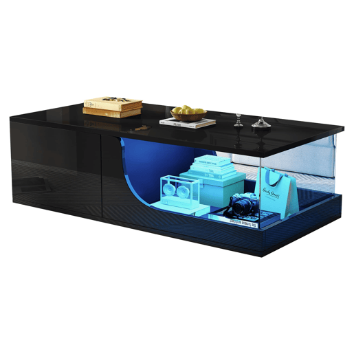 Mesa de centro 100 x 50 x 30 cm - Sofá com 2 gavetas, mesa de sala com LED e vidro temperado - Preto