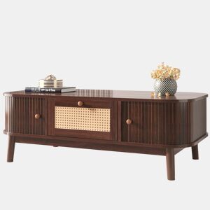 Mesa de centro - Rattan, com gavetas e portas deslizantes em madeira maciça, pernas em madeira maciça, estilo rústico natural