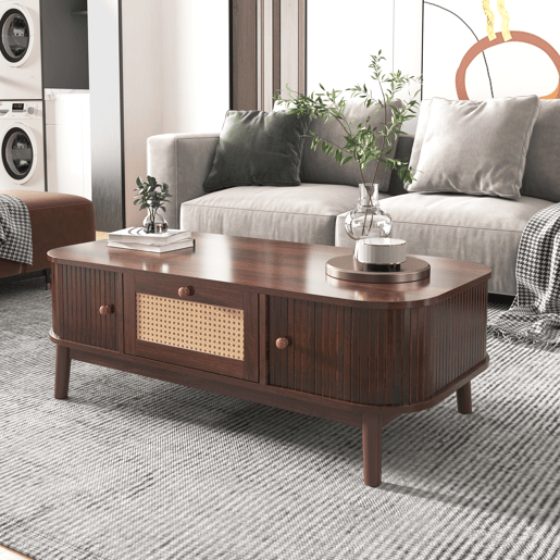 Mesa de centro - Rattan, com gavetas e portas deslizantes em madeira maciça, pernas em madeira maciça, estilo rústico natural