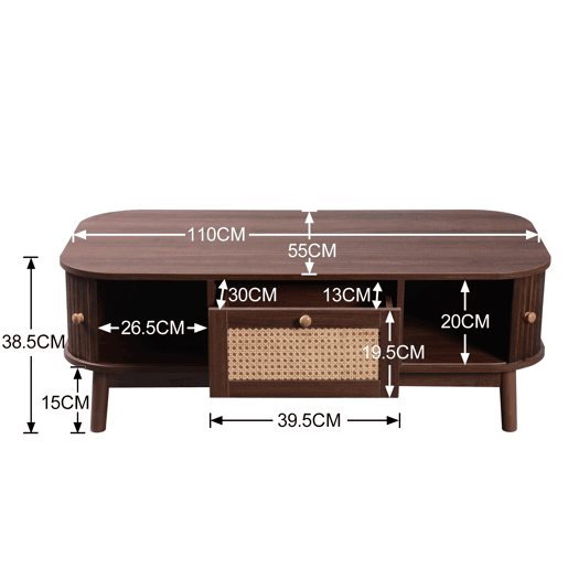 Mesa de centro - Rattan, com gavetas e portas deslizantes em madeira maciça, pernas em madeira maciça, estilo rústico natural