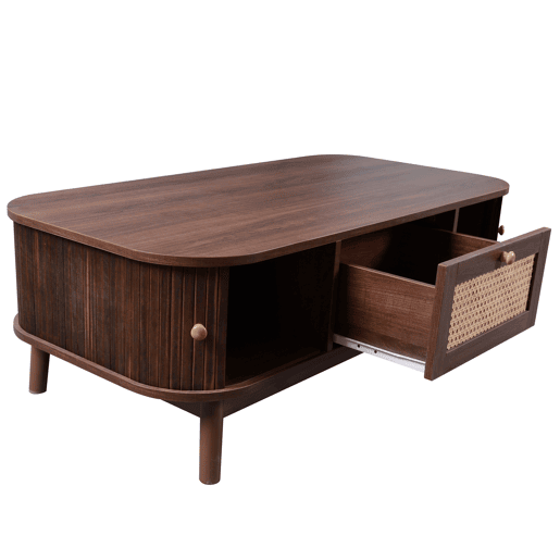 Mesa de centro - Rattan, com gavetas e portas deslizantes em madeira maciça, pernas em madeira maciça, estilo rústico natural